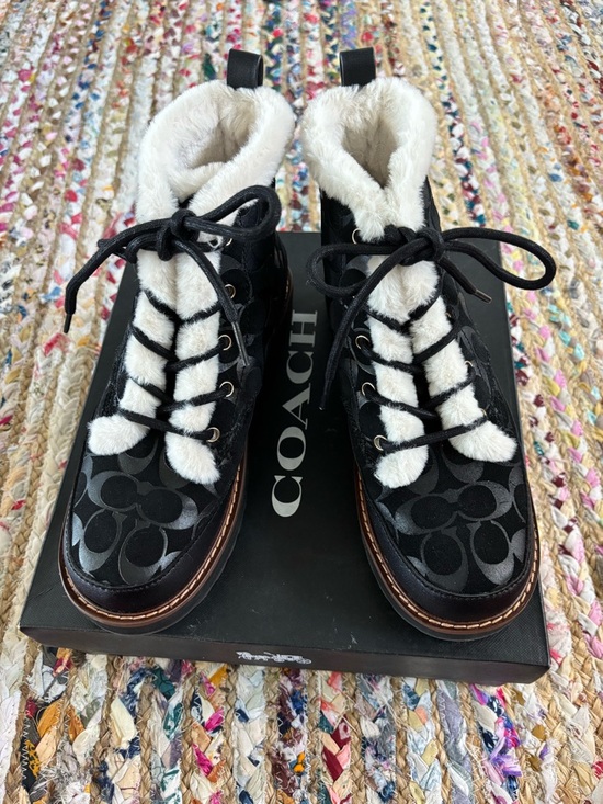 Coach Shoes - Coach Imani Black Signature Faux-Fur Trim Ankle Boots